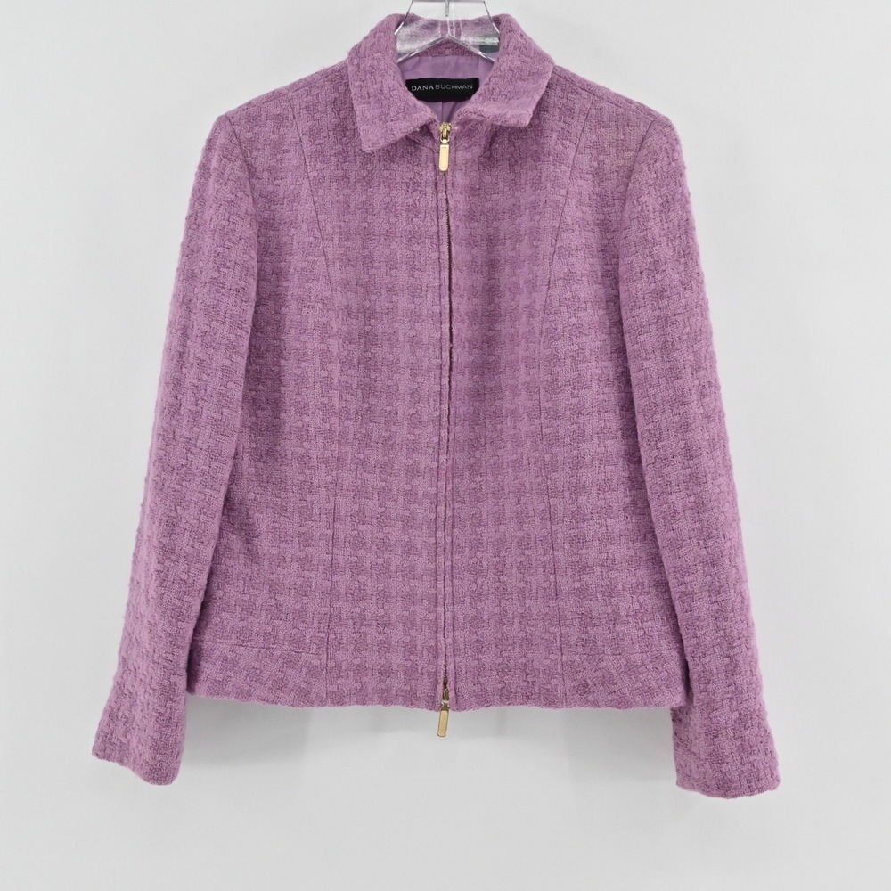 Dana Buchman Wool Tweed Jacket Womens Size 10 Purple Zip Blazer Wool Y2K Vintage